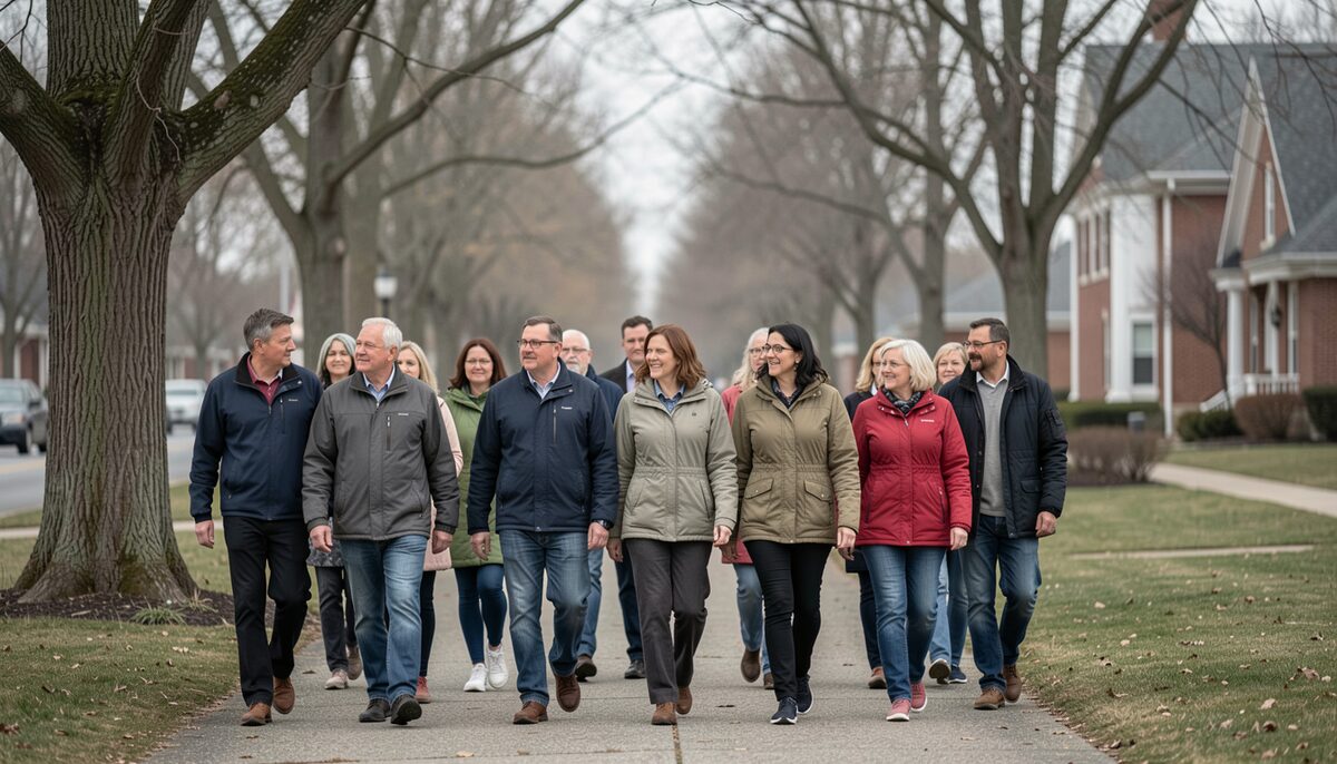 A congregation walks together outdoors on a gray spring morning before worship.