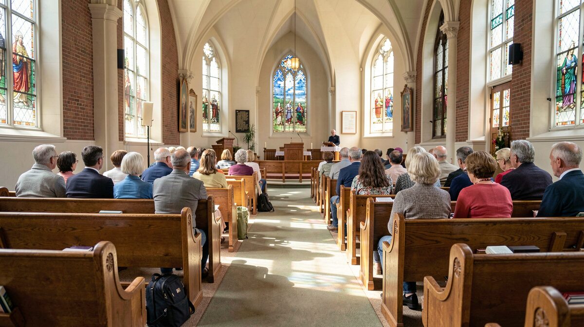 A quiet church interior in morning light, rows of pews leading toward a tall window · the cover plate of this issue.
